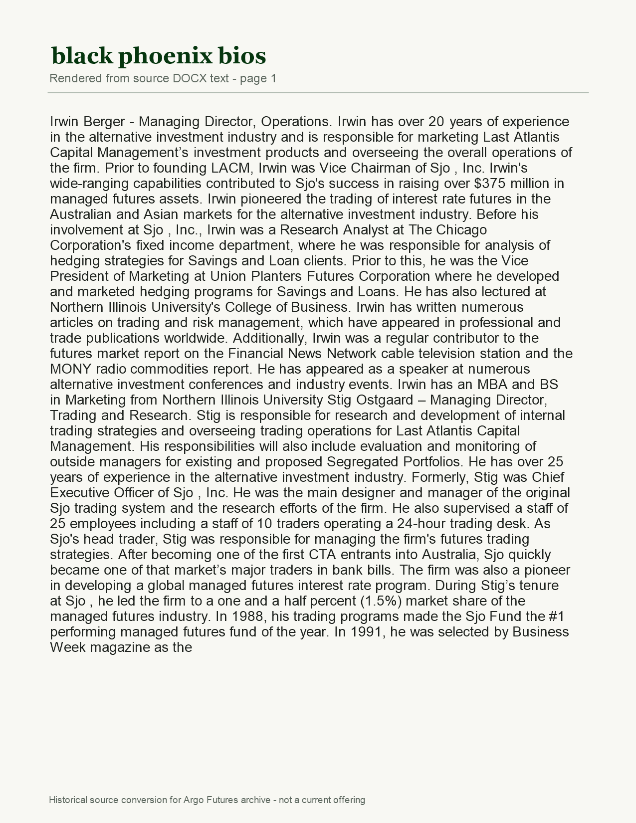 Black Phoenix — Management Team Biographies — page 1