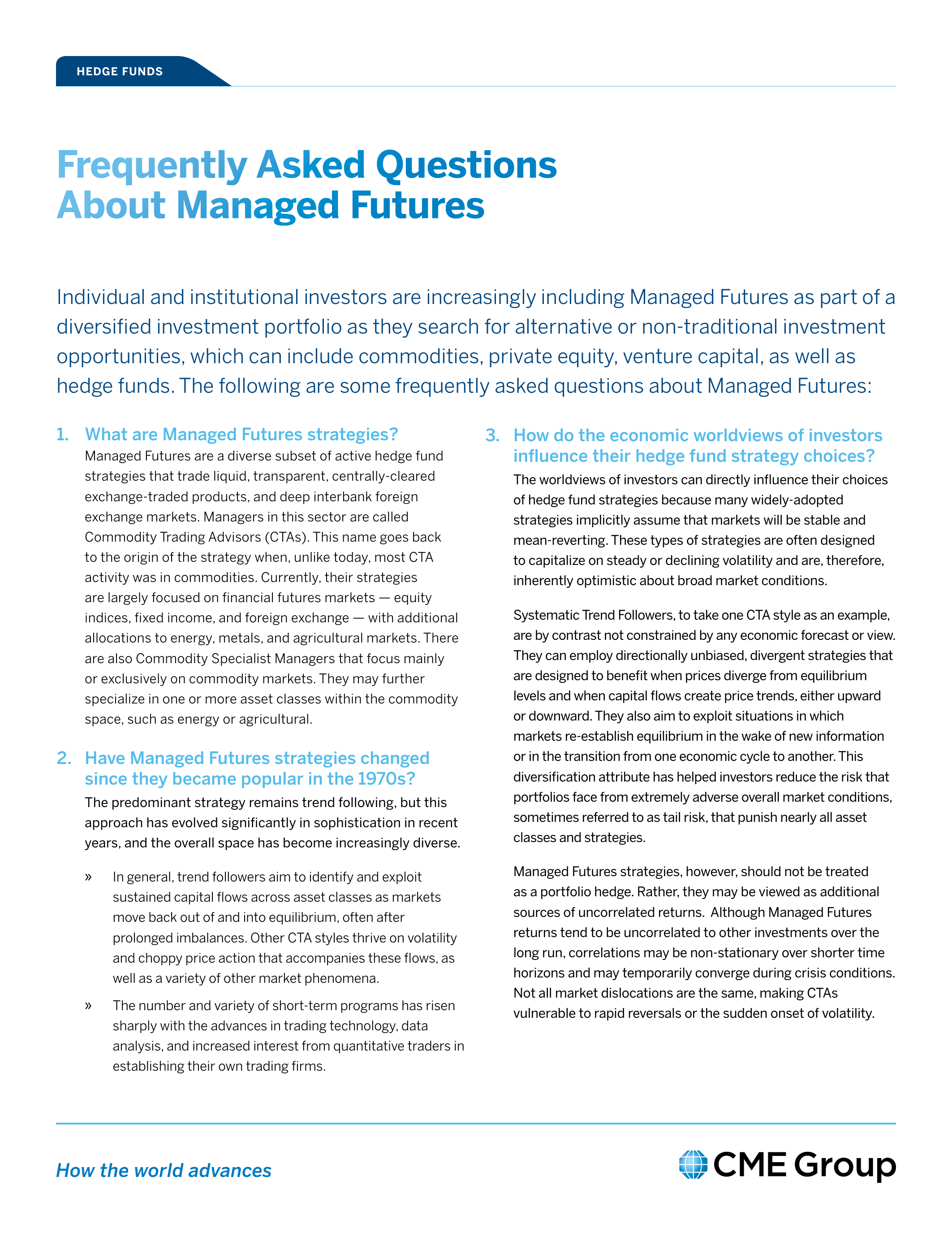 Cover page \u2014 Frequently Asked Questions About Managed Futures \u2014 CME Group, 2011