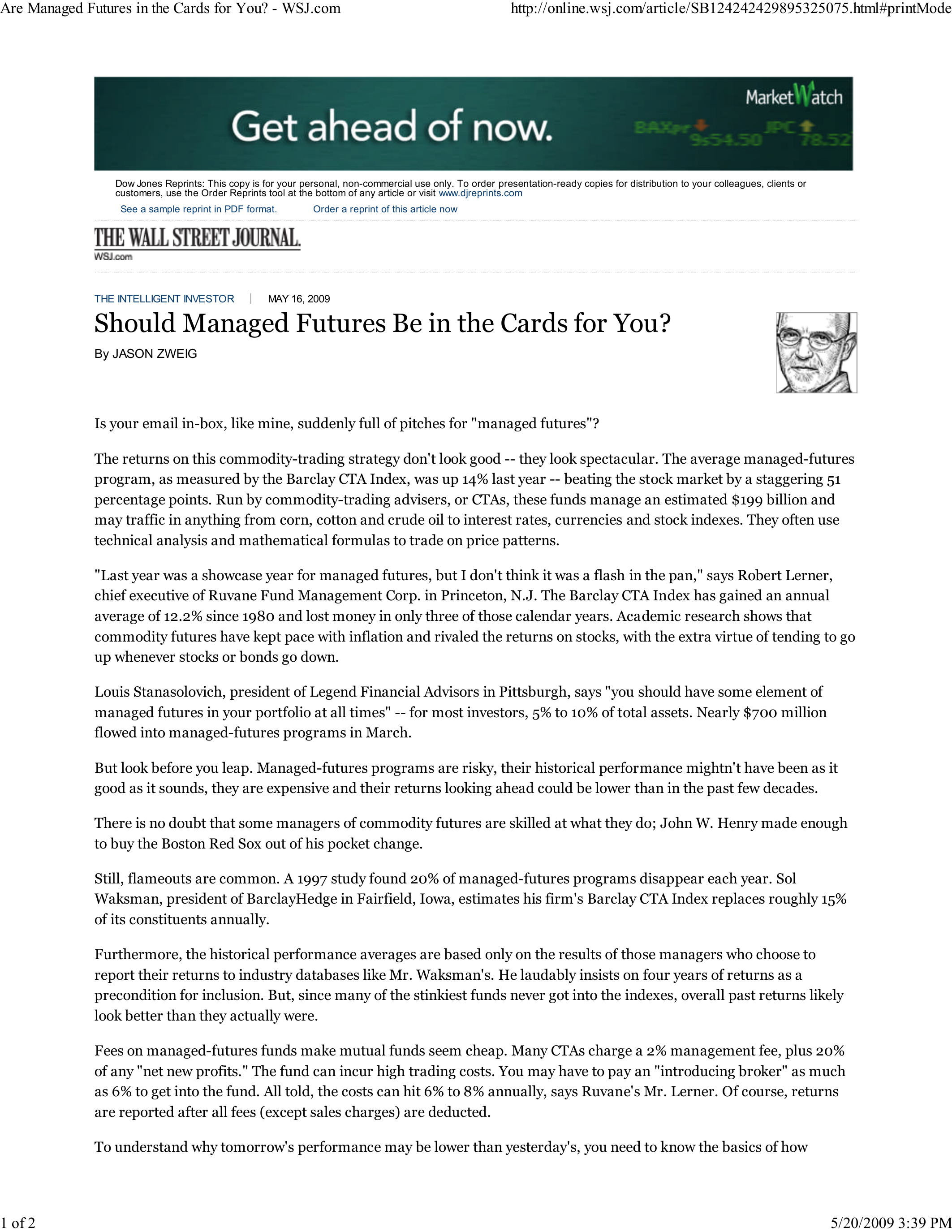 Cover page \u2014 Should Managed Futures Be in the Cards for You? \u2014 The Wall Street Journal, Jason Zweig, May 16, 2009